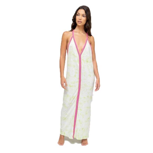 $120 Pitusa Beachwear Cover Up Maxi Dress - Green Pink - Small - Picture 1 of 8